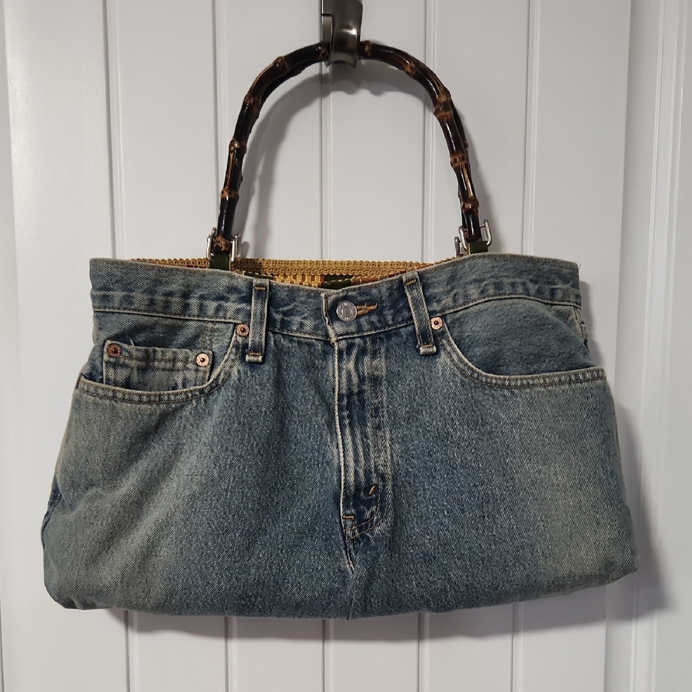 Upcycled Denim Blue Jean Shoulder Bag with Bamboo Handles in EUC